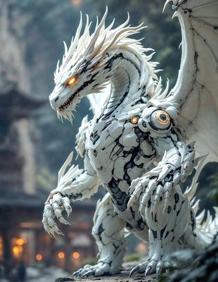 The primary subject of the image is a white dragon statue. The setting is an outdoor environment, with a building visible in the background. The visual style is a combination of photo and digital art, creating a unique and intricate design. The colors and mood of the image are predominantly white, giving it a clean and serene appearance.